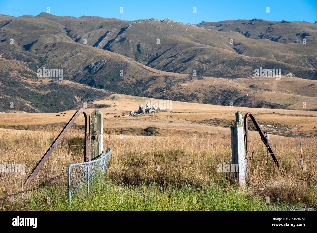 Gate mit Eisenbahnlinien, Central Otago Rail Trail, in der Nähe von Middlemarch, Otago, South Island, Neuseeland. Fels- und Säulenbereich in der Entfernung. Stockfoto