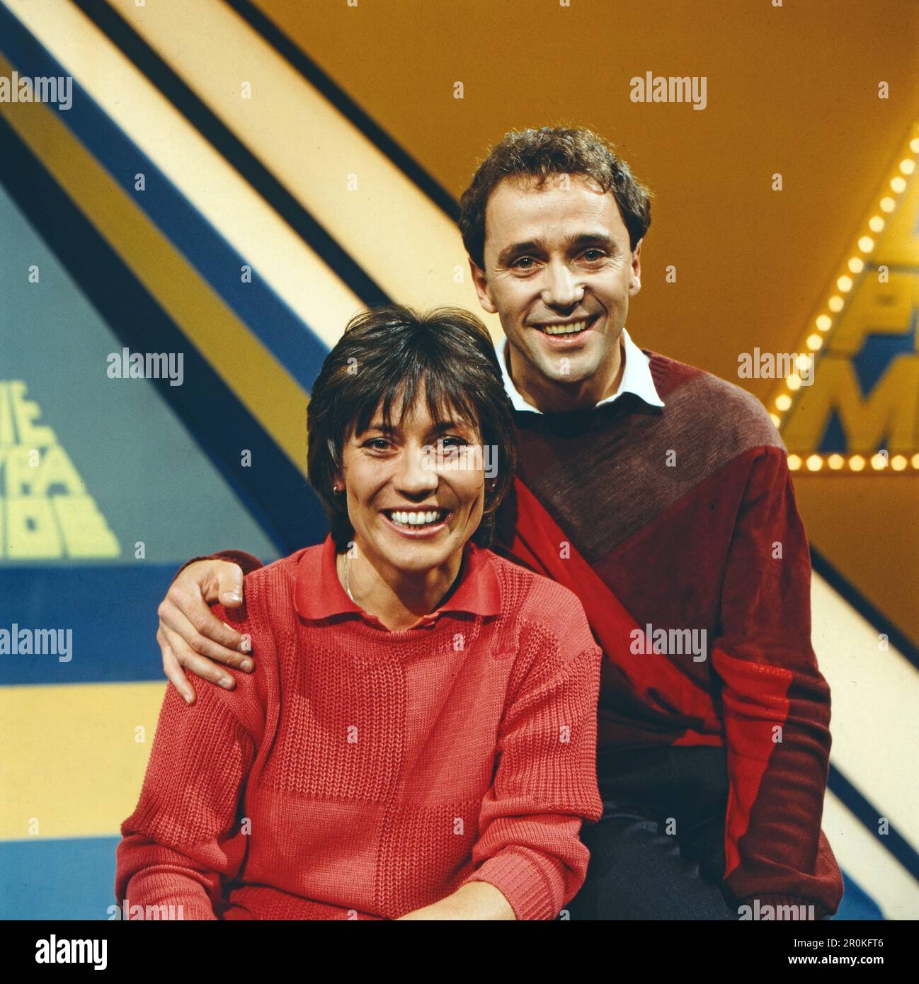 Die Pyramide, ZDF Quizsendung, Deutschland, 1985, mit den Kandidaten: Rosi Mittermaier und Christian Neureuther. Pyramide, TV-Quiz, Deutschland, 1985, als Kandidaten: Rosi Mittermaier und Ehemann Christian Neureuther. Stockfoto