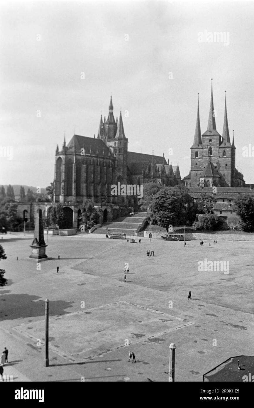 Der Erfurter Dom Link, rechts die Severikirche, 1956. Erfurter Kathedrale auf der linken Seite, Severus Kirche auf der rechten Seite, 1956. Stockfoto