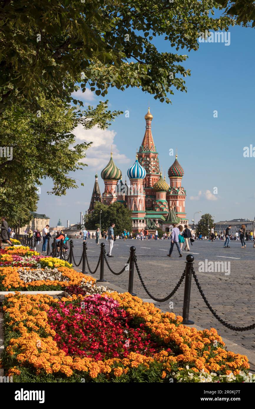 Blumenbeete und St. Basilius-Kathedrale auf dem Roten Platz, Moskau, Russland Stockfoto