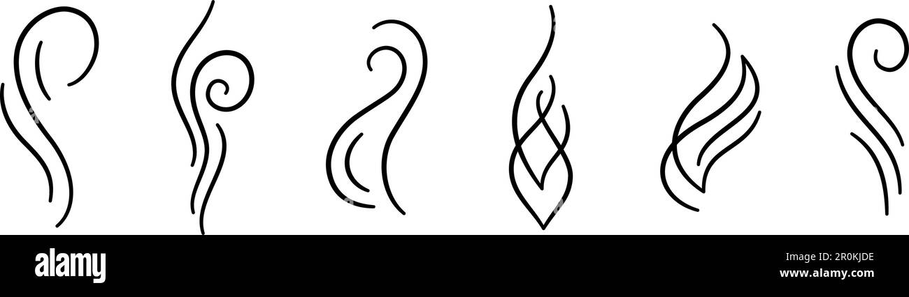 Die Symbole für Pudelrauch werden eingestellt. Symbole für Wasserdampf. Handgezogene heiße Dämpfe. Geruchssymbole für Linienluft. Doodle Fire Rauch Symbole. Vektordarstellung isoliert auf Stock Vektor