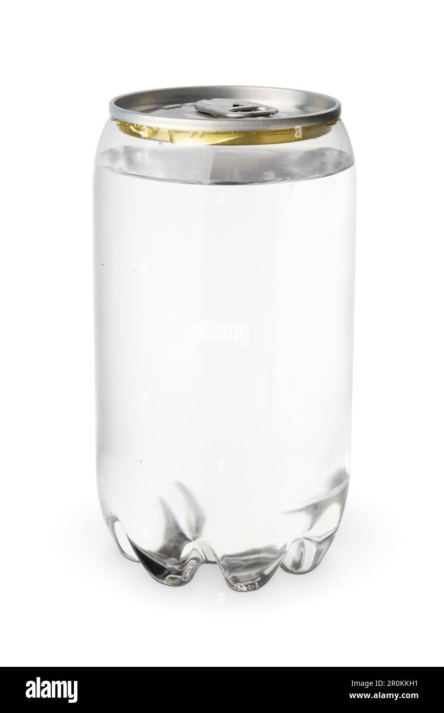 Transparente, leicht zu öffnende Dose aus PET-Kunststoff mit Zuglasche und isolierter Aluminiumkappe auf weißem Hintergrund. Stockfoto