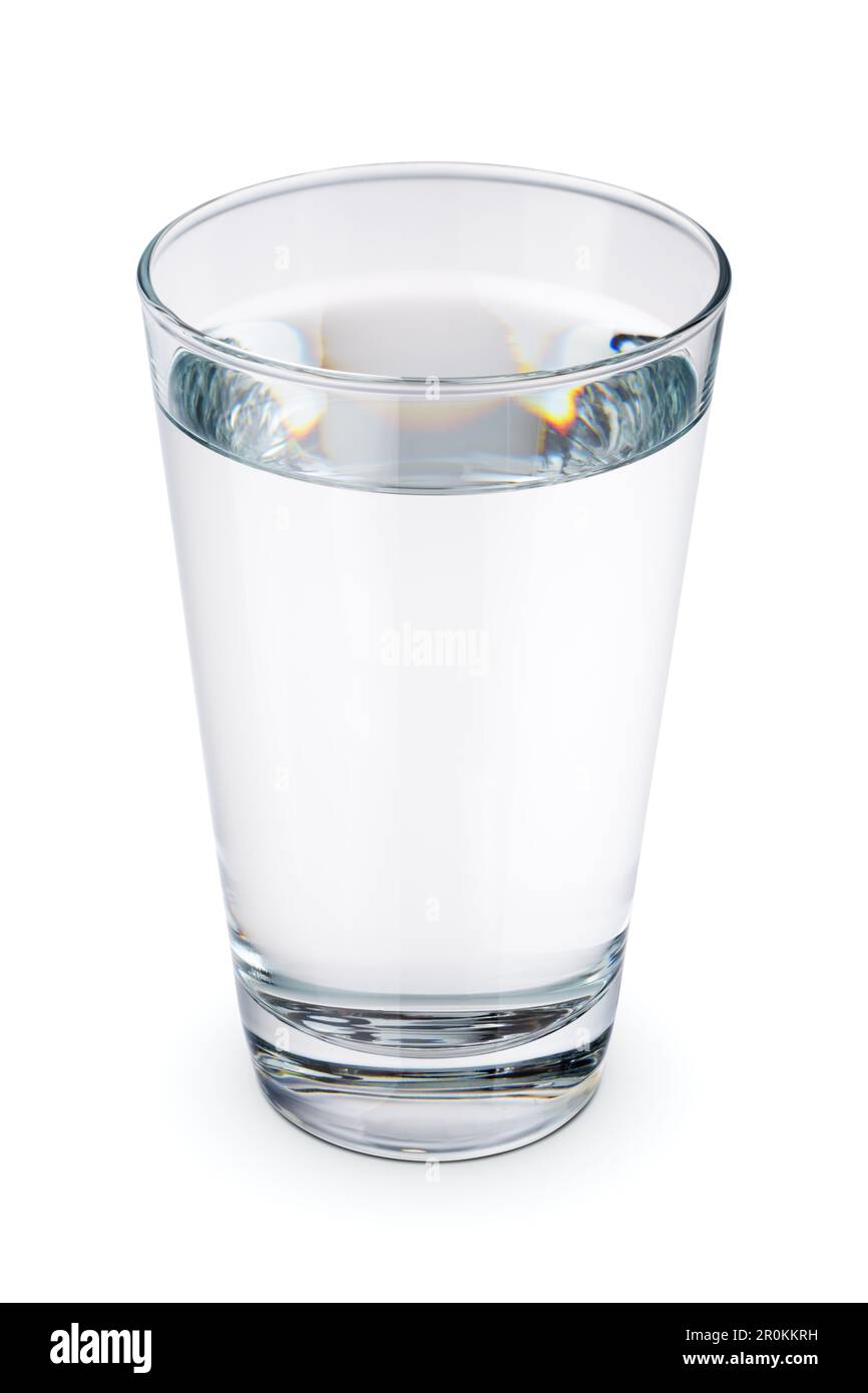 Glas sauberes, stilles Wasser, isoliert auf weißem Hintergrund. Stockfoto