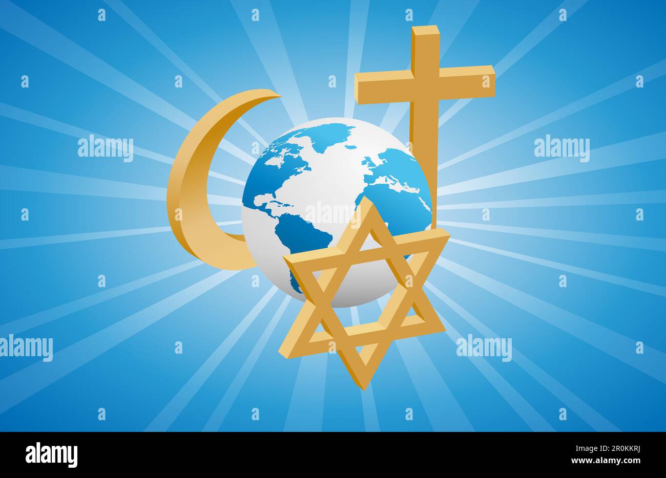 Frieden und dialog zwischen den Religionen. Goldene christliche, jüdische und islamische Symbole rund um die Erde Stock Vektor