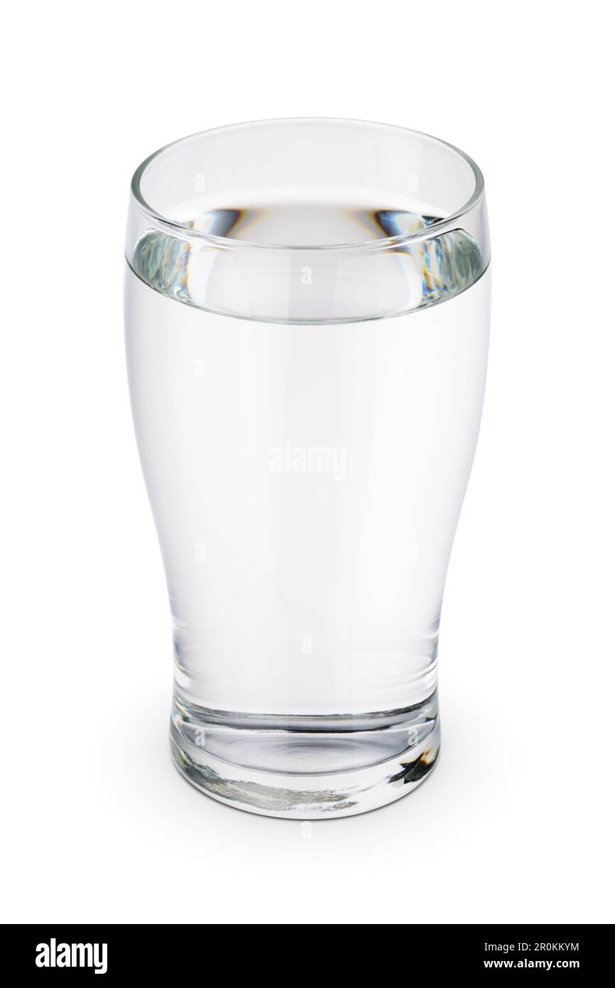 Glas gereinigtes, auf weißem Hintergrund isoliertes Stillwasser. Stockfoto