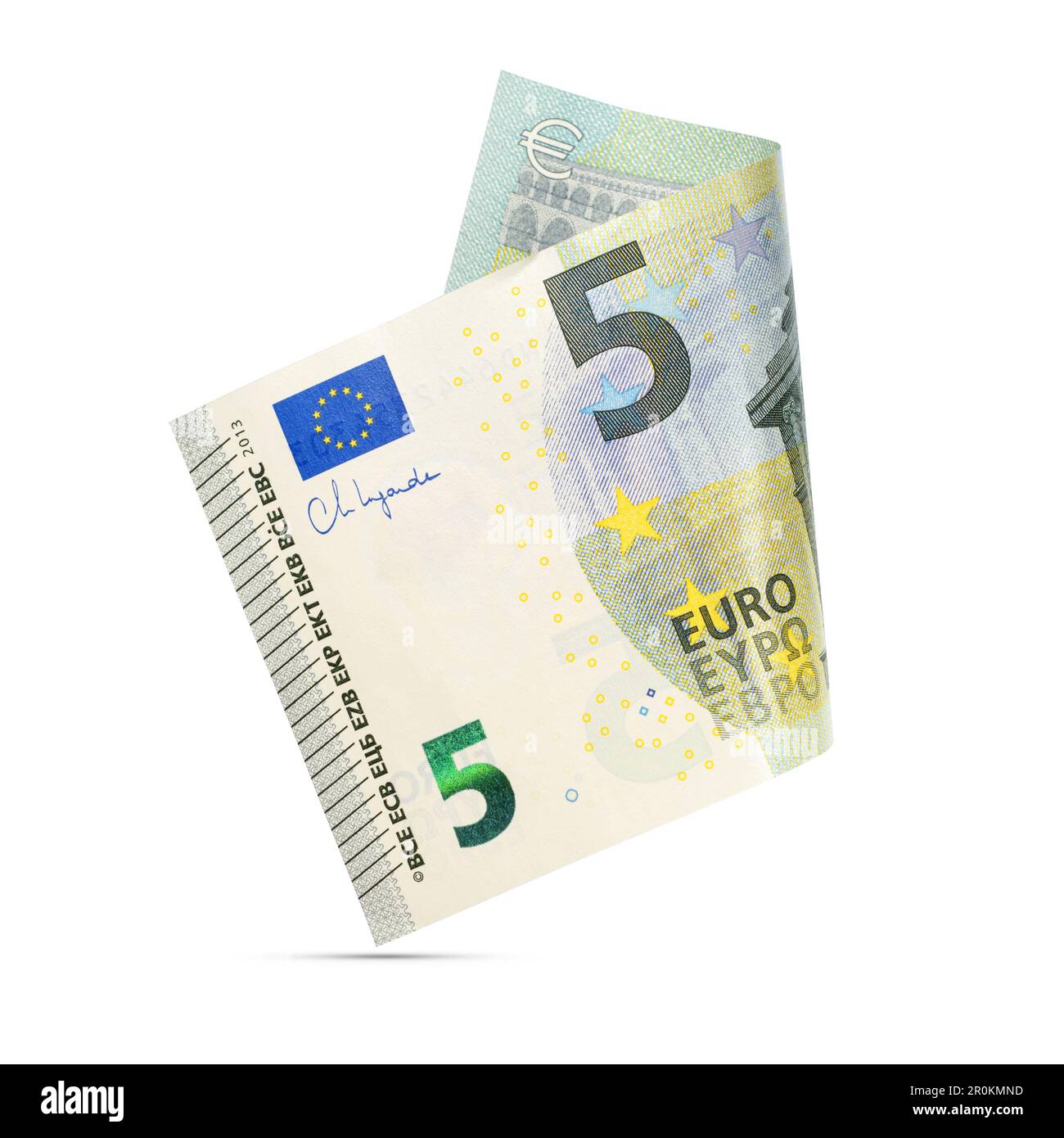 Fünf-Euro-Banknote isoliert auf weißem Hintergrund. Stockfoto