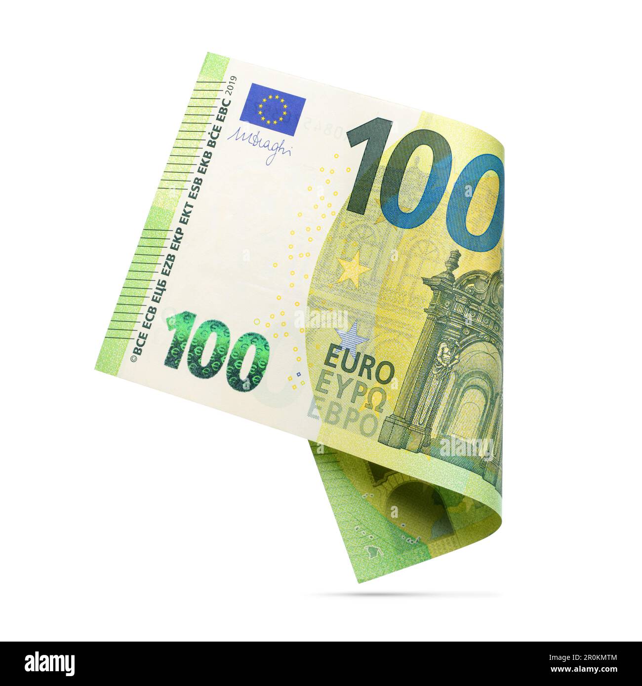 100-Euro-Banknote isoliert auf weißem Hintergrund. Stockfoto