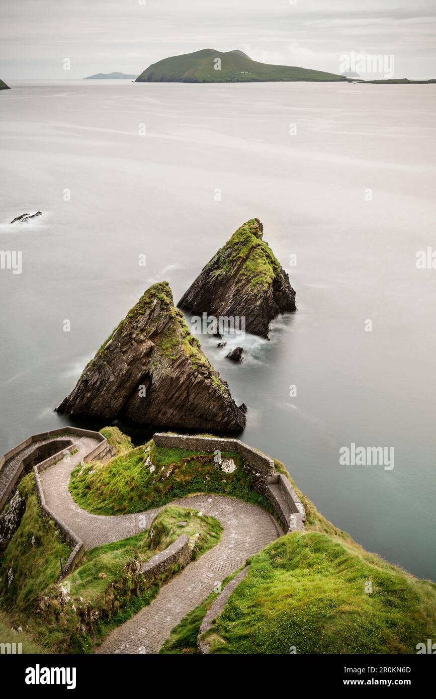 Steiler und vibrierender Pfad zum Dunquin Harbour (für Bootsfahrten nach Skellig Michael), Dingle Peninsula, Slea Head Drive, County Kerry, Irland, Wilder Atlantik Stockfoto