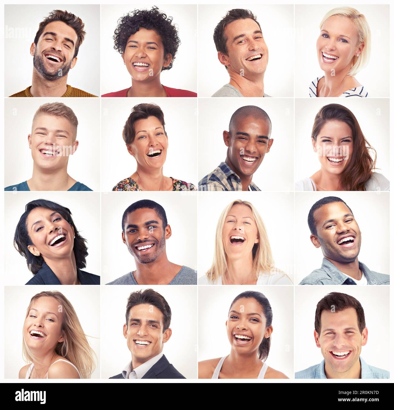 Lachen, Face Collage oder Portrait von glücklichen Menschen in einer Community-Gruppe oder Vielfalt mit Witzen oder Komödien. Lustige Studiofotos, Profilfotos oder Stockfoto