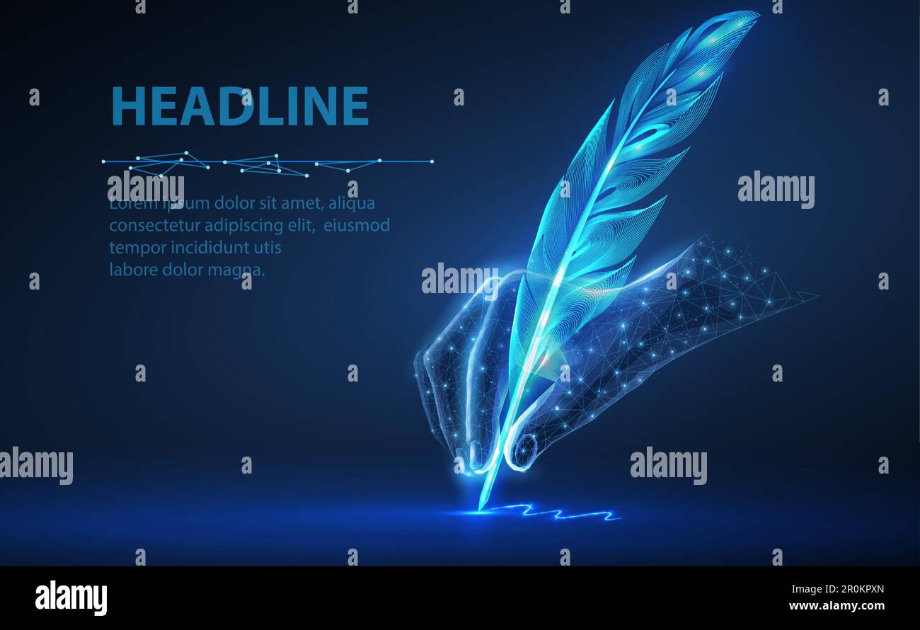Feder in digitaler Hand. Automatischer Textgenerator, AI-Schreiben, künstliche Intelligenz als Werbetexter Stock Vektor