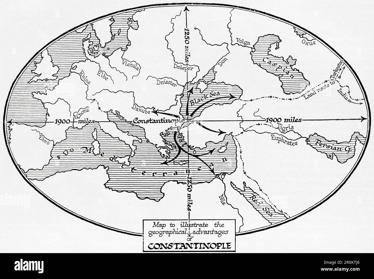 Karte zur Veranschaulichung der geografischen Vorteile von Konstantinopel. Aus dem Buch Outline of History von H.G. Wells, veröffentlicht 1920. Stockfoto