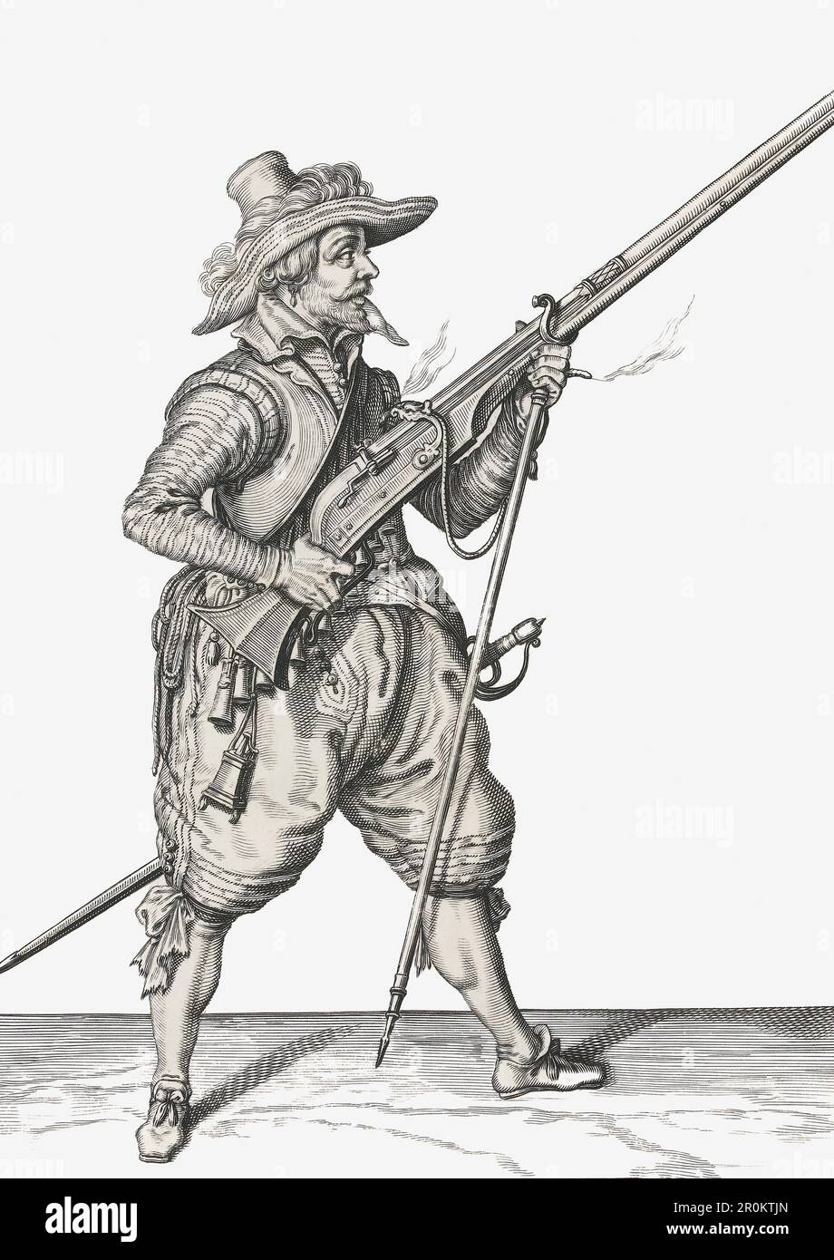 Ein Musketier ist bereit. Aus einer Reihe von über 40 Stufen musste ein Musketier des 17. Jahrhunderts folgen, als er sich darauf vorbereitete, seine Streichholzschusswaffe abzufeuern. Von einem Werk eines unbekannten Künstlers, Stockfoto
