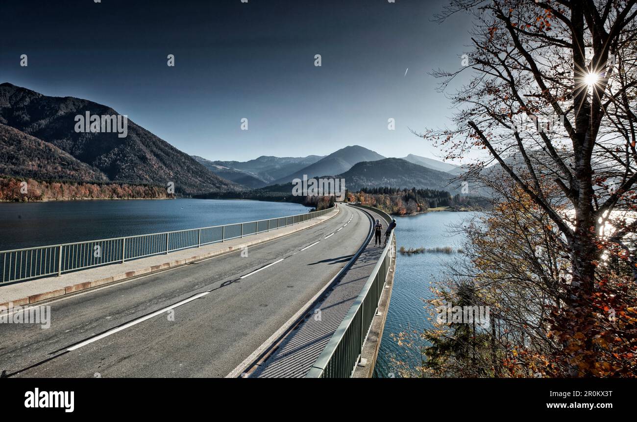 Sylvenstein-Brücke über den Sylvenstein-Barrieresee, Karwendel, bayern, deutschland Stockfoto