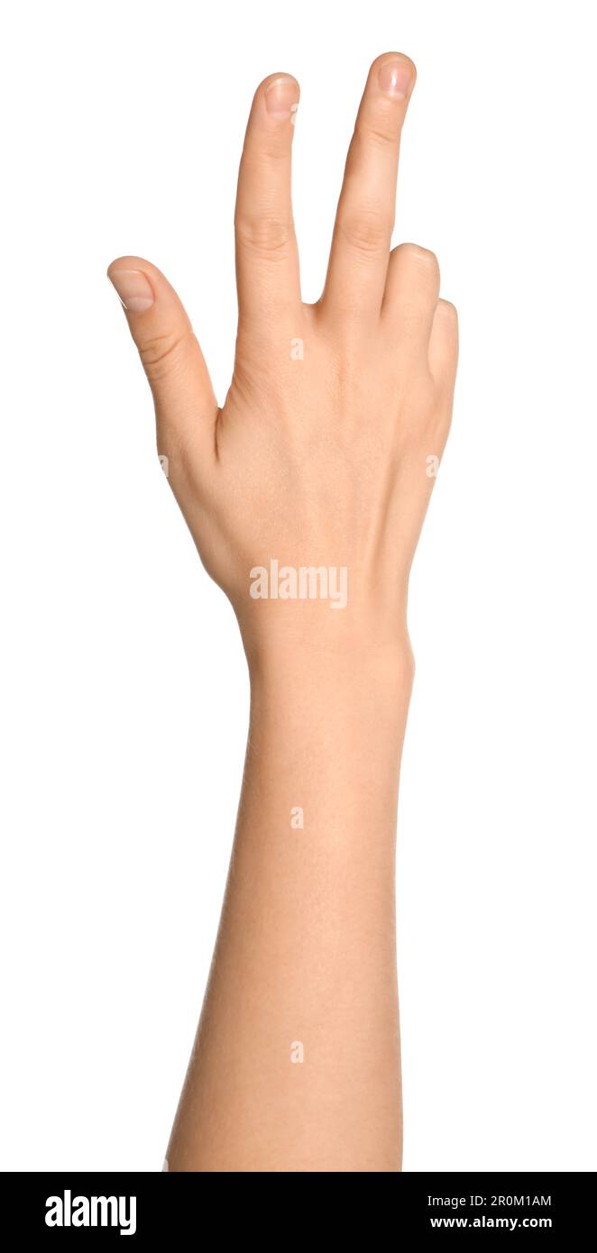 Eine Frau, die auf weißem Hintergrund Gesten macht, eine Nahaufnahme der Hand Stockfoto