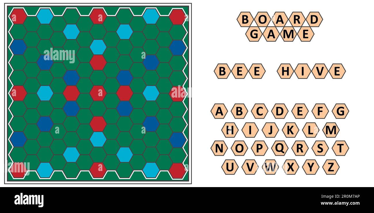 Brettspiel Bienenstock, Entwicklung der Eudition, Bienenwabenbrett und Buchstaben Scrabble, Vektorbrettspiel für die Familie zum Spielen in der Nacht, Schreiben von Wörtern Stock Vektor