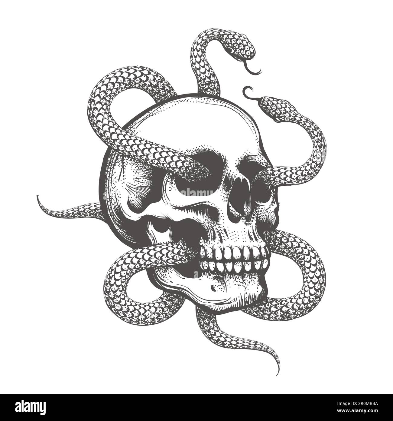 Schwarzweiß-Tattoo des menschlichen Schädels mit zwei Schlangen isoliert auf Weiß. Vektordarstellung Stock Vektor