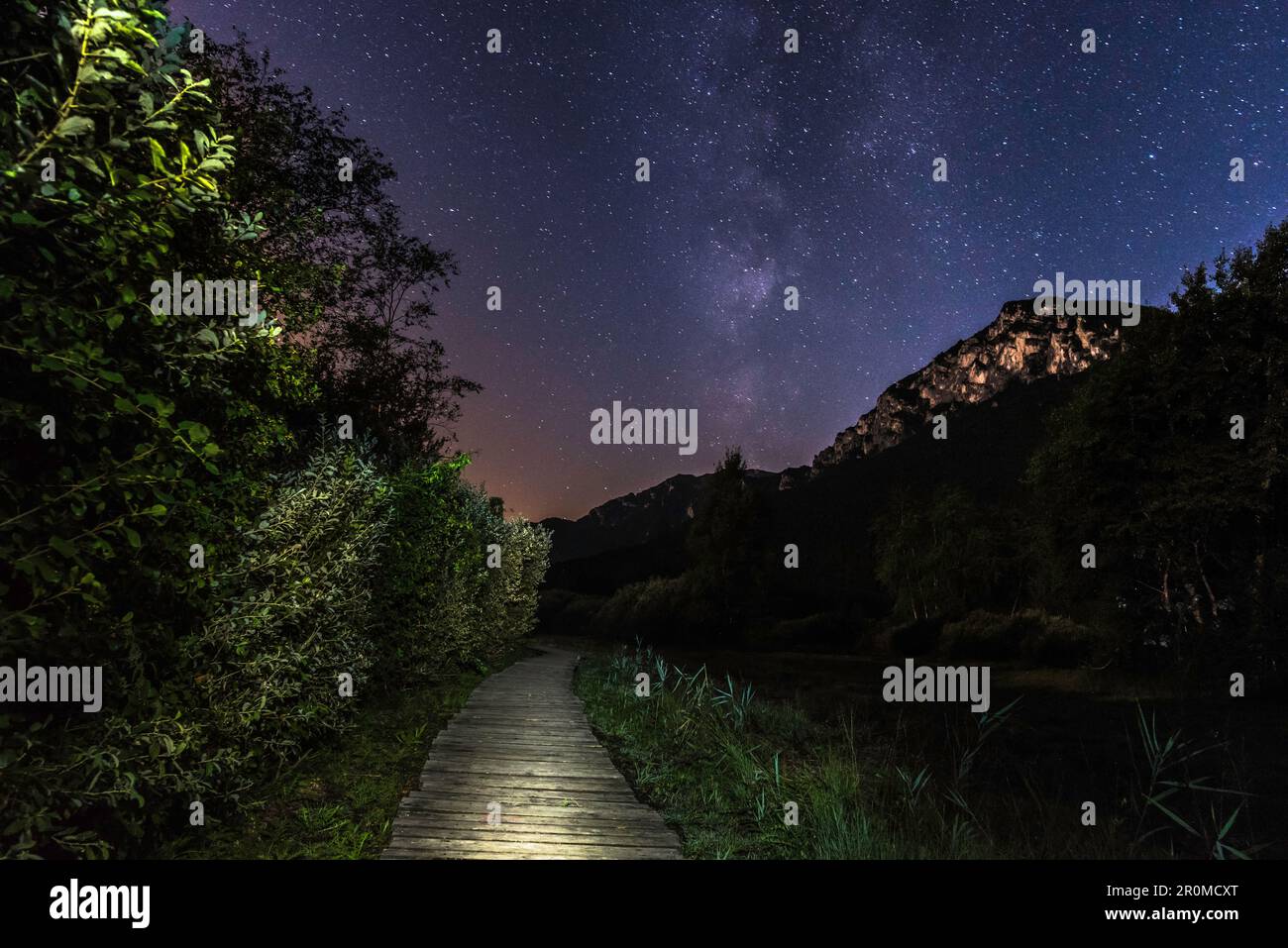 Schwach beleuchteter Pfad führt zum Sternenhimmel Stockfoto