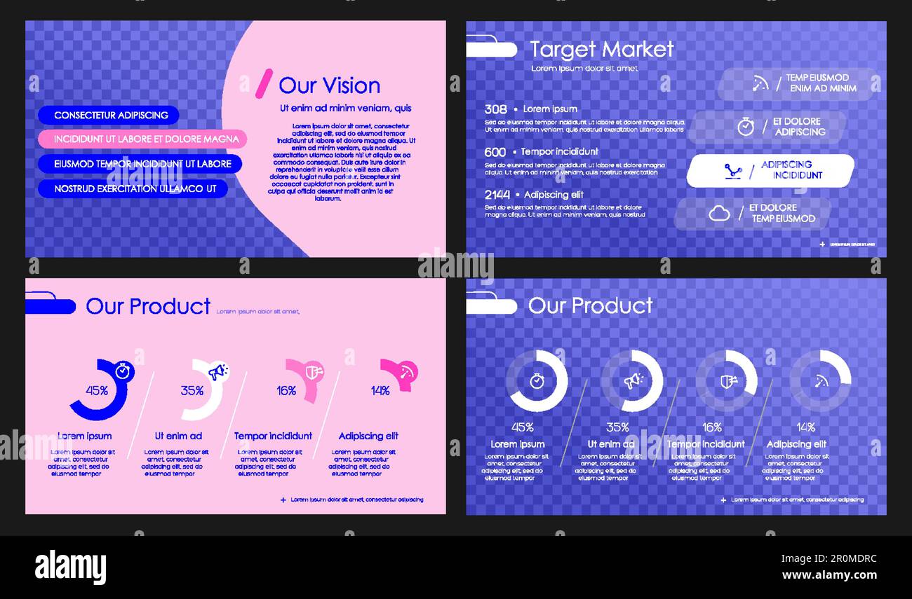 Elemente kreativer Präsentationsvorlagen auf violettem Hintergrund. Vektor-Infografiken. Stock Vektor