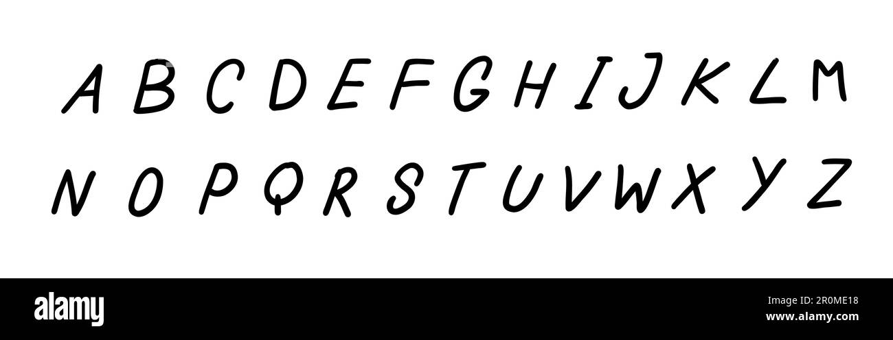 Unregelmäßige Formen Schwarze englische lateinische abc-Schriftart A bis z. Vektorgrafik in handgemachtem Doodle, handgeschriebenes Doodle-Stil isoliert auf weißem Rücken Stock Vektor