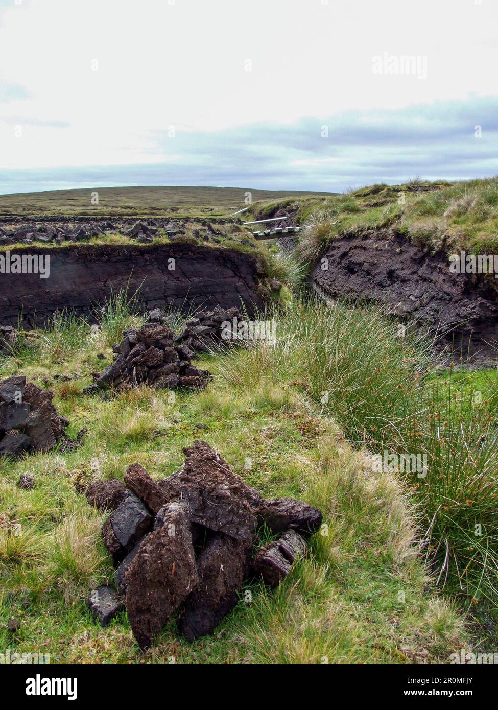 Torfbänke, die in den Shetland Schottland für Winterbrennstoff geschnitten werden Stockfoto