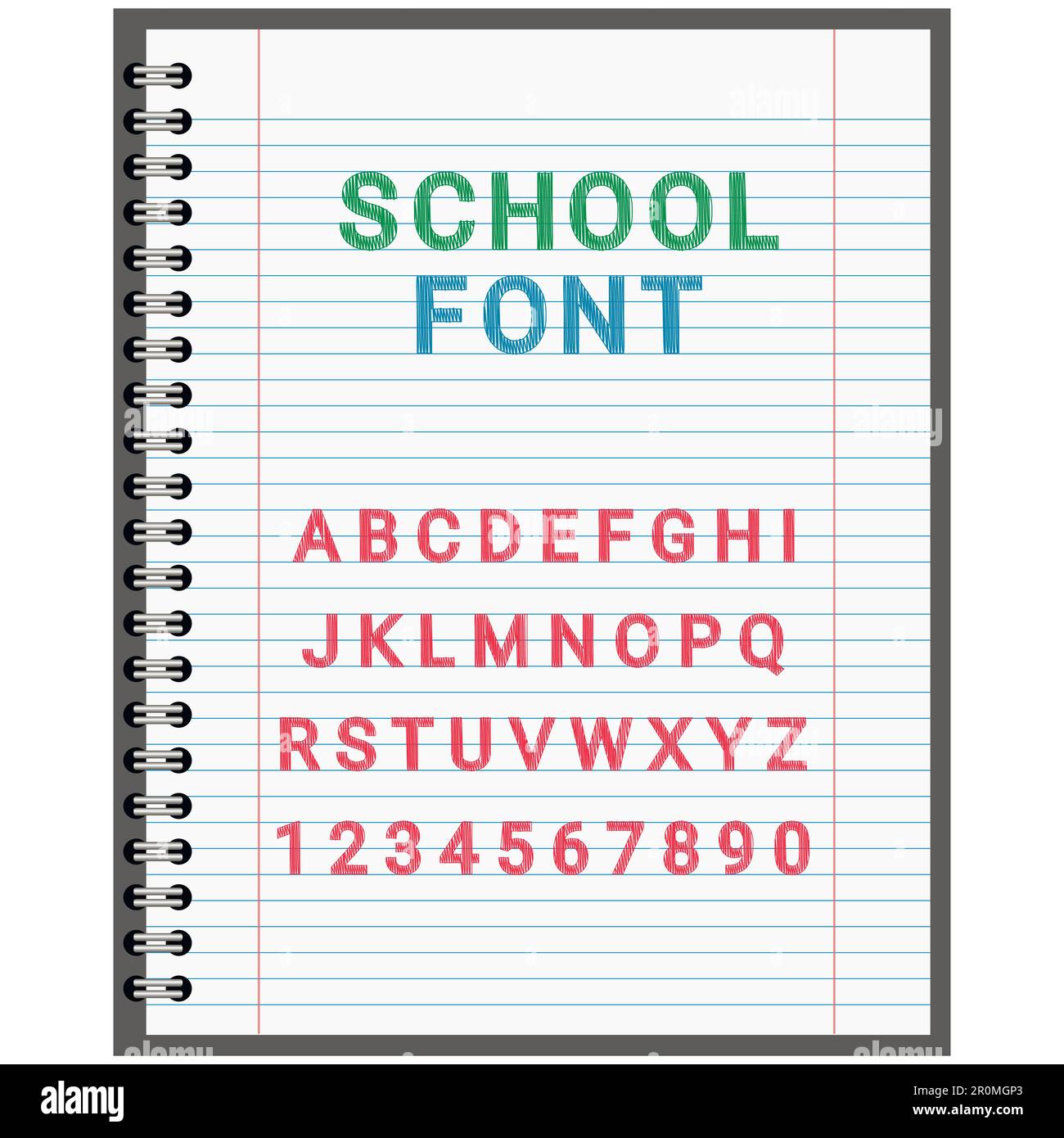 Die Schrift der Schule, das Alphabet im Notizbuch auf dem Blatt für Einträge, der Vektor für den Urlaubstag des Wissens am 1. September Stock Vektor