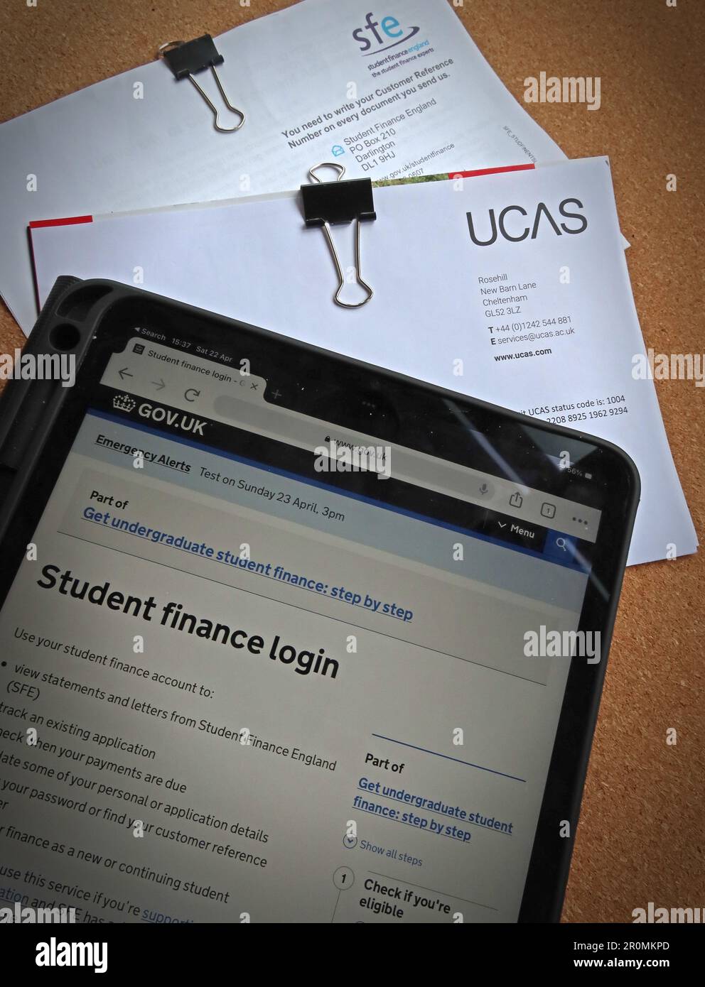 UCAS- und SFE-Website Student Finance-Anwendungen für Universitäts- und Weiterbildungsplätze Stockfoto