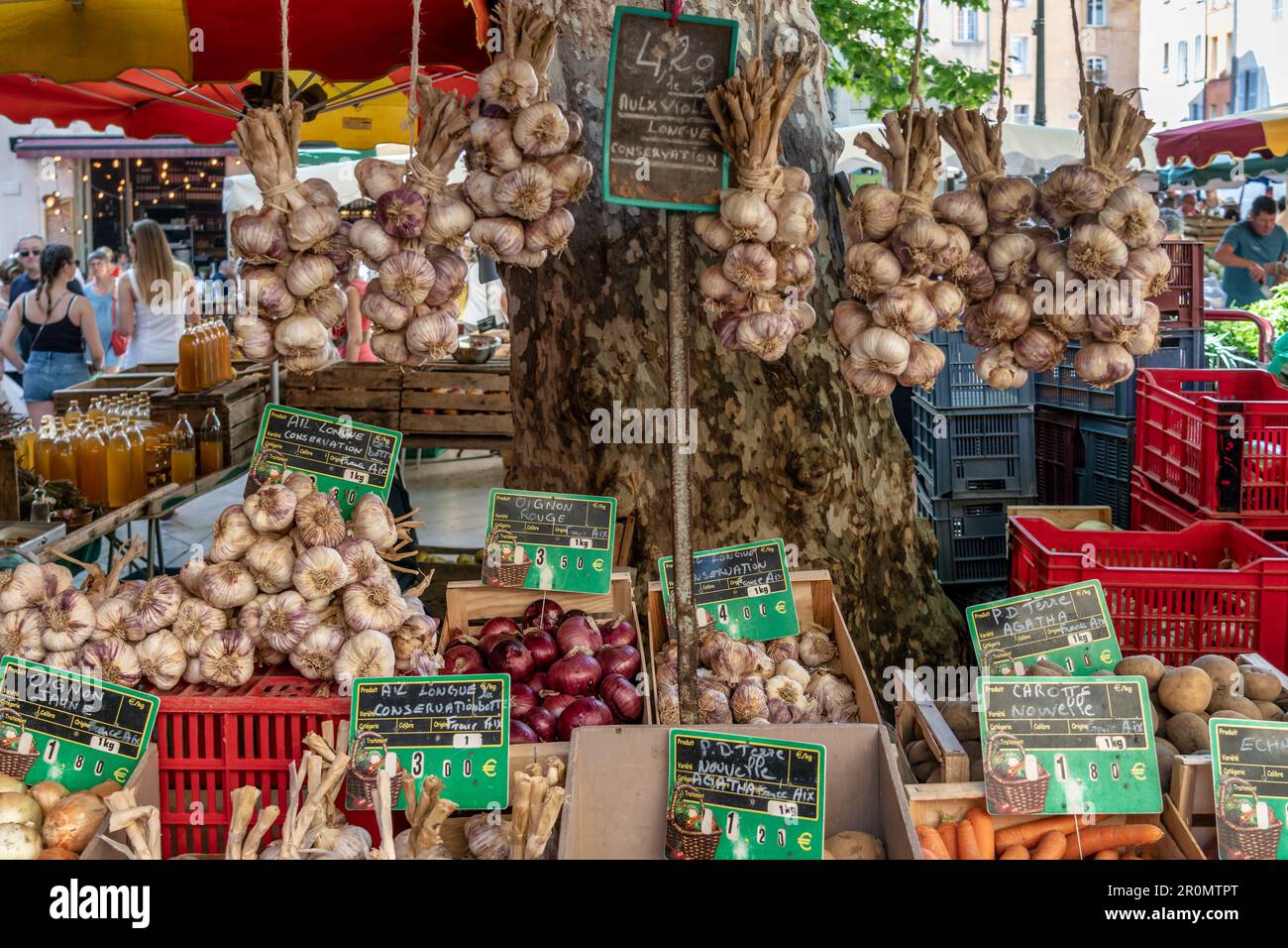 Place Richelme, Wochenmarkt, Marktstand mit Gemüse, Knoblauch, Aix en Provence, Frankreich Stockfoto