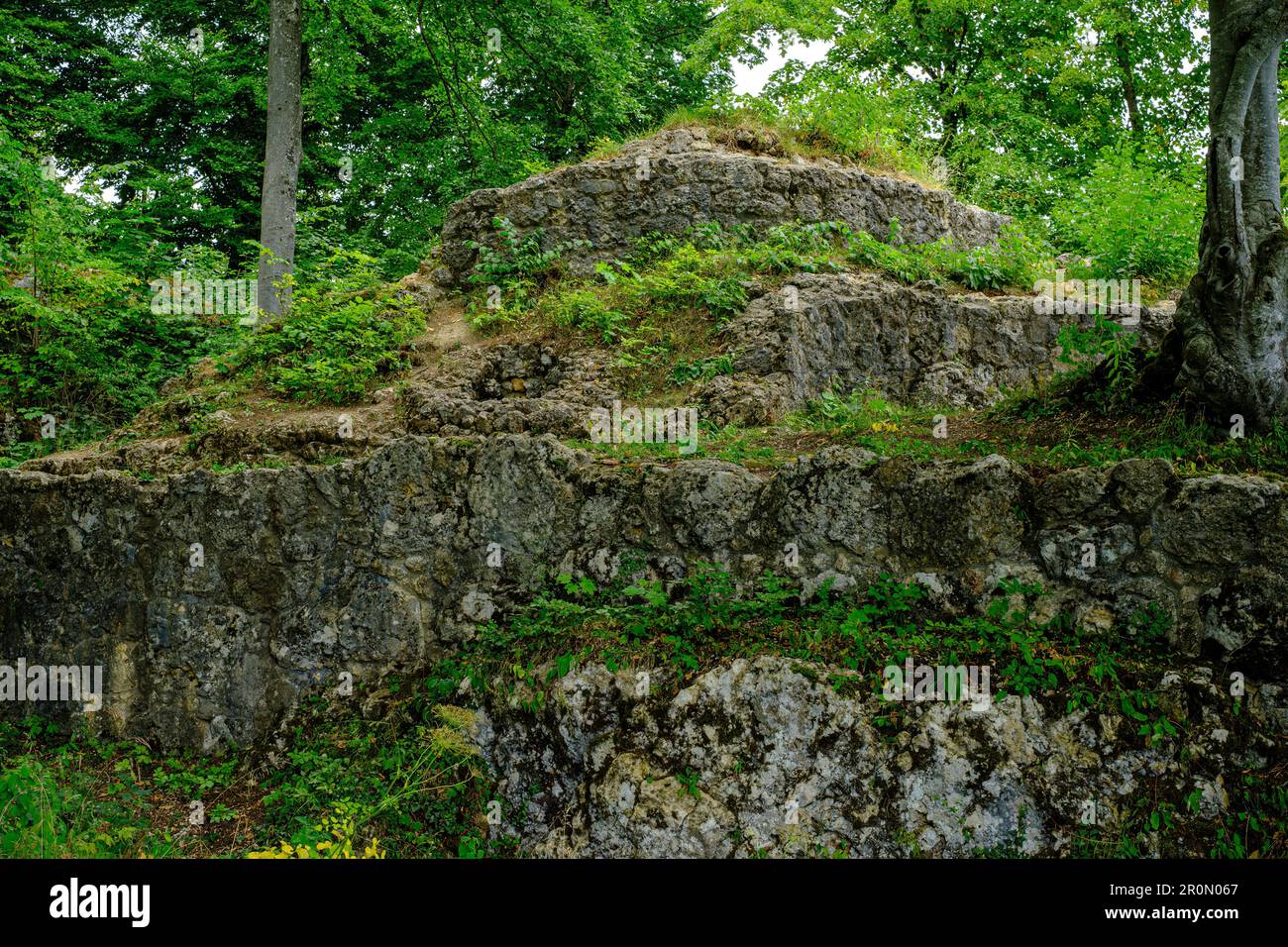 Überreste der Burgruine Alt-Lichtenstein, vor Schloss Lichtenstein, auf dem Albkamm über dem Dorf Honau, Schwäbische Alb, Deutschland. Stockfoto