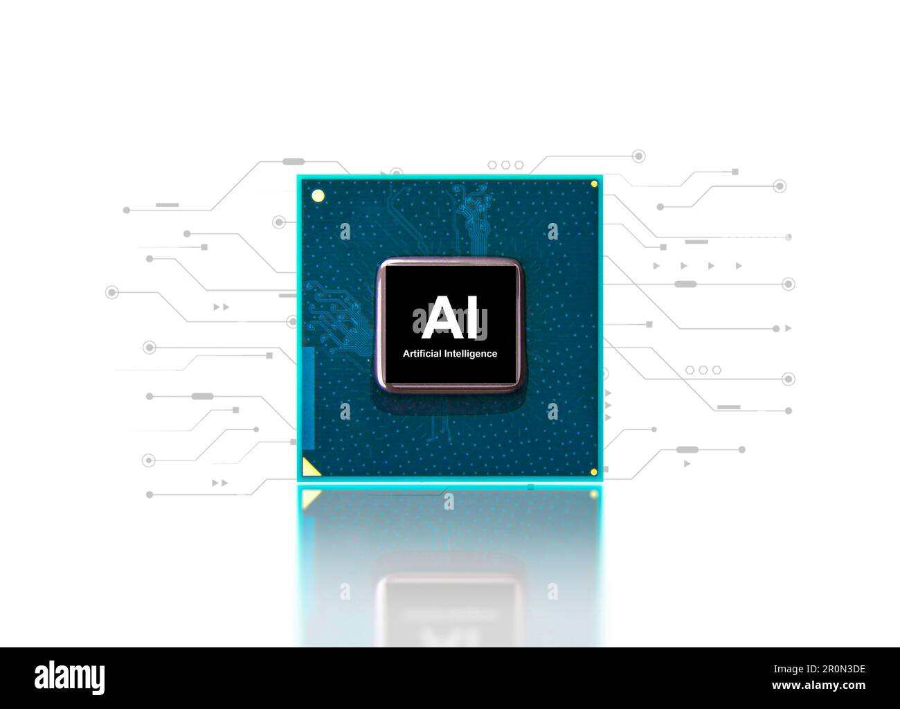 KI und maschinelles Lernen. Computerprozessor-Chip isoliert und elektronisches Schaltungsmuster auf weißem Hintergrund Stockfoto