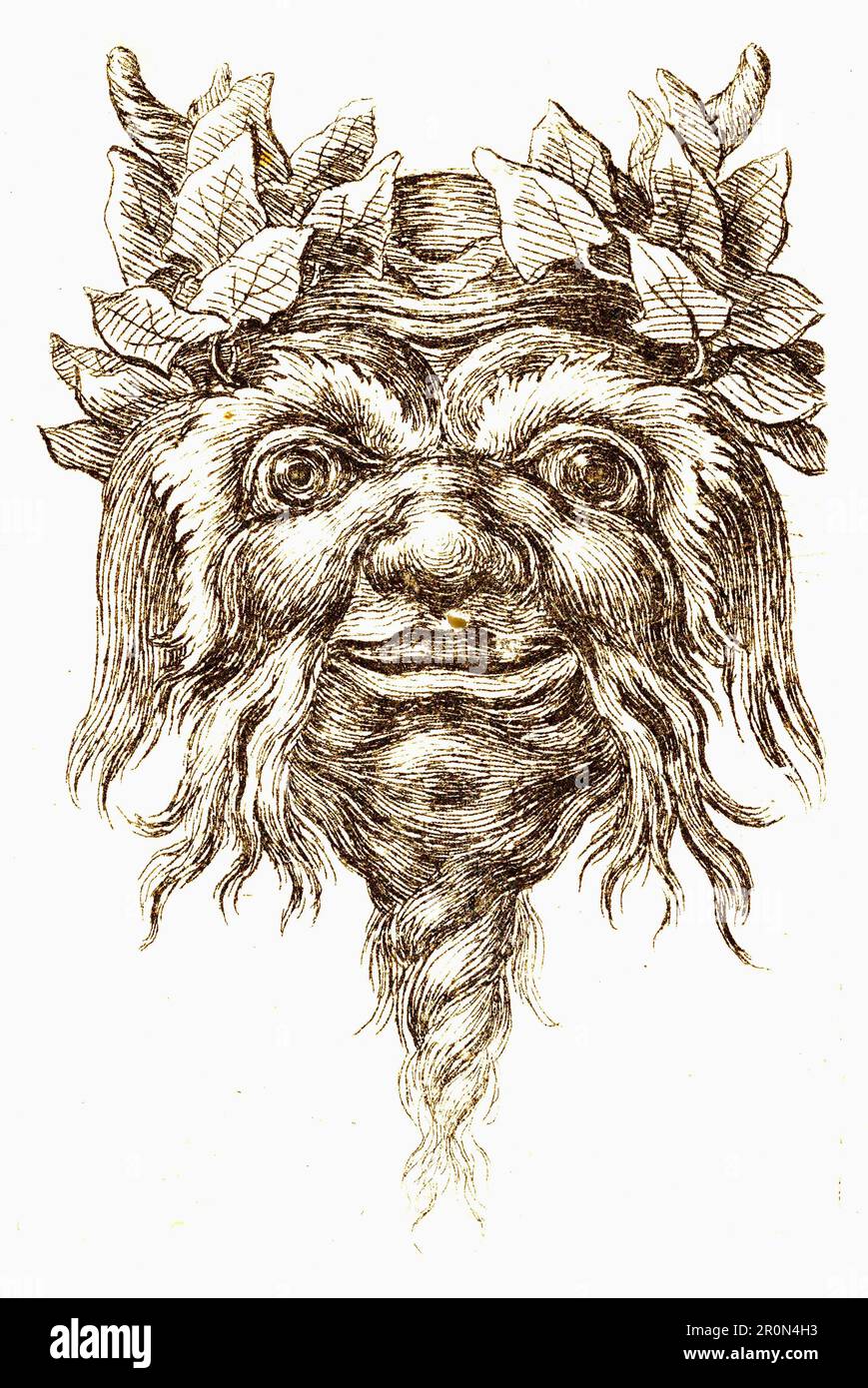 Francois Chauveau Satyr Mask mit spiralförmigem Bart und Ivy, gruppiert um jedes Horn, von Divers Masques - ca. 1635–1645 Stockfoto