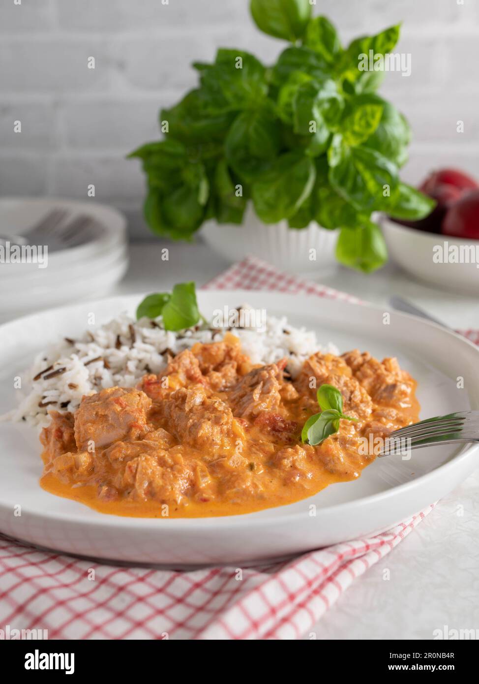 Basmati-Reis mit wildem Reis und Thunfischsoße auf einem Teller. Glutenfreie Schale Stockfoto