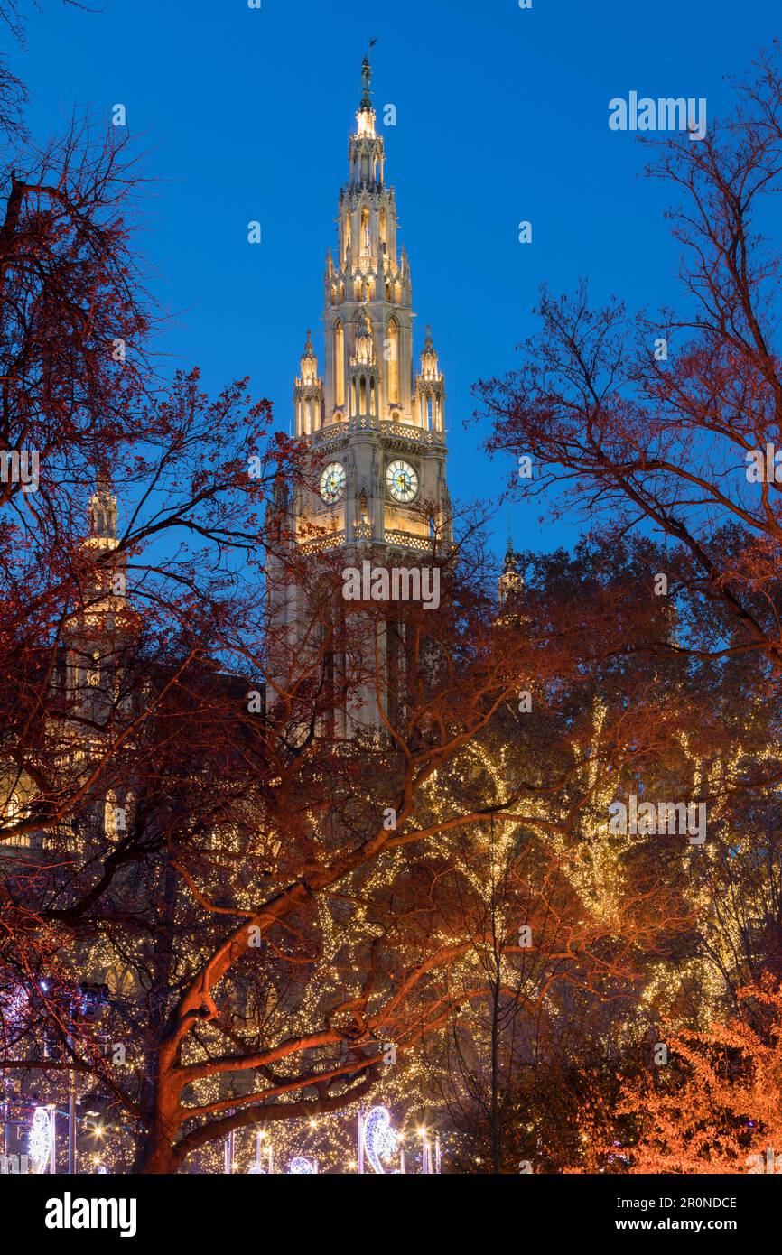 Weihnachtslichter vor dem Rathaus, Rathausplatz, Christkindlmarkt, 1. Bezirk Innenstadtviertel, Wien, Österreich Stockfoto