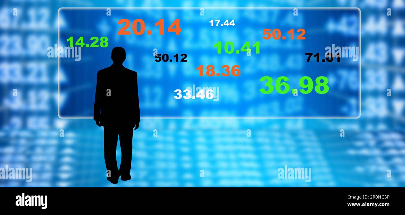 Geschäftsmannssilhouette, Börsenwerte und Aktienkurse Stockfoto
