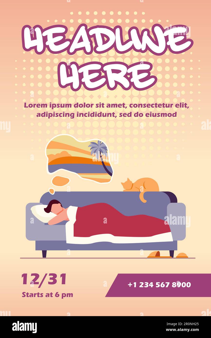 Ein Mann, der vom Meer träumt und auf dem Sofa mit einer Katze schläft Stock Vektor