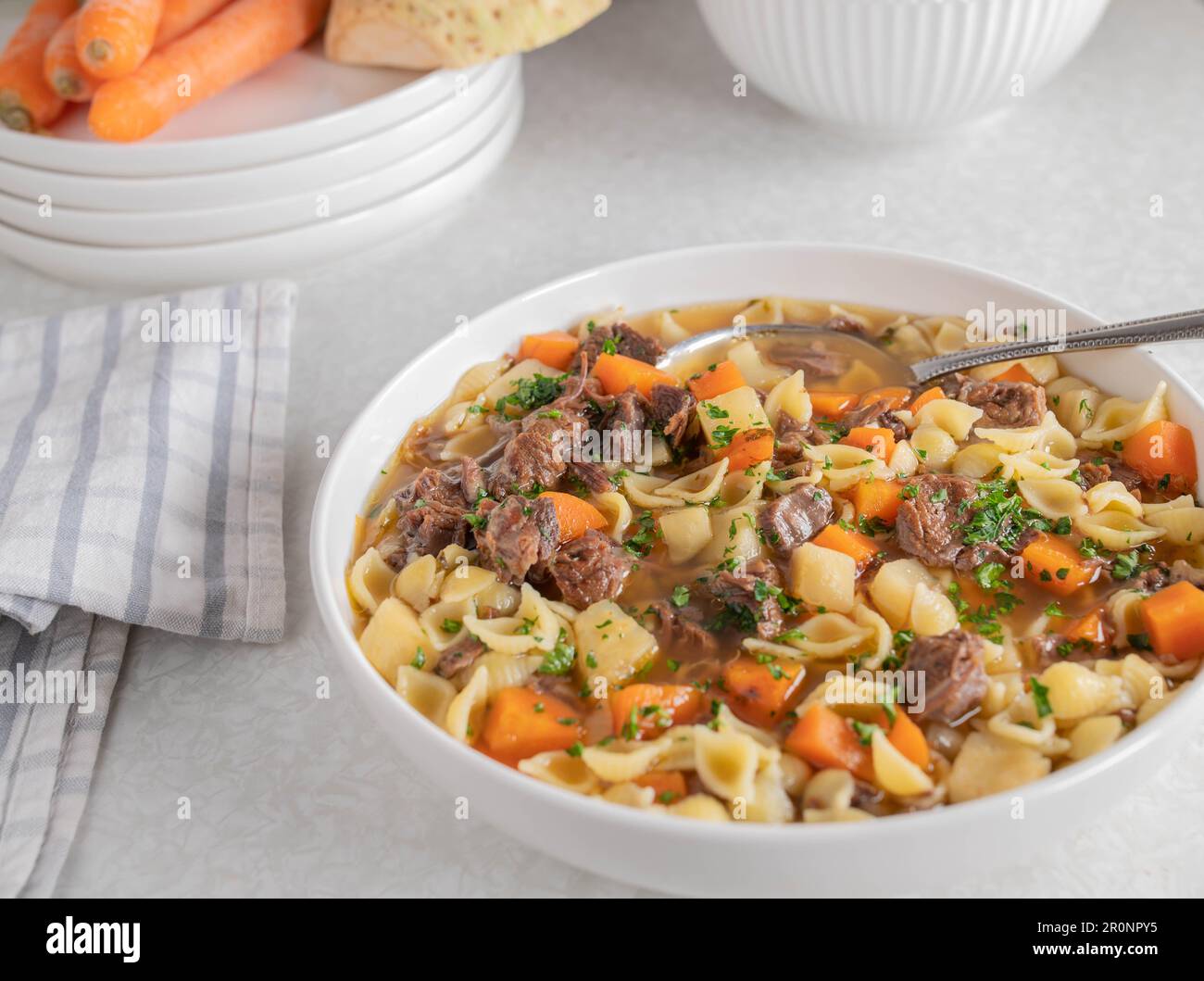 Nudelsuppe mit Fleisch und Wurzelgemüse auf einem Teller Stockfoto