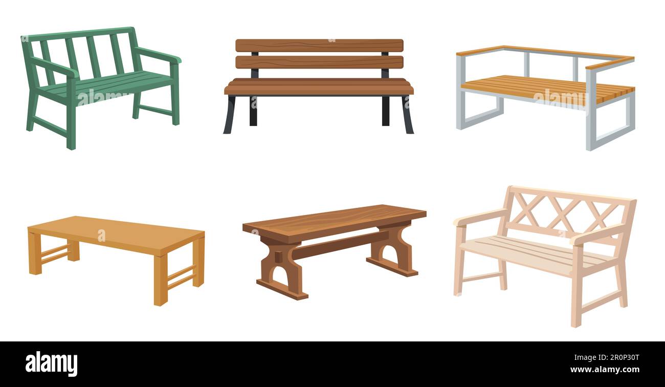 Verschiedene Holzgarten- und Stadtbänke Flachset für Webdesign Stock Vektor
