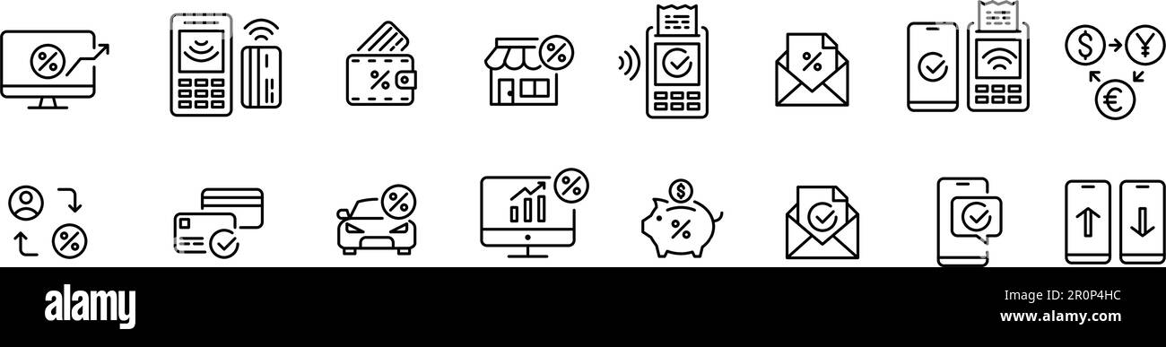 Finanzsymbole. Kontaktlose Zahlung, Ersparnisse, P2P-Transaktionen und Währungsumrechnung. Pixelgenaue, bearbeitbare Kontur Stock Vektor