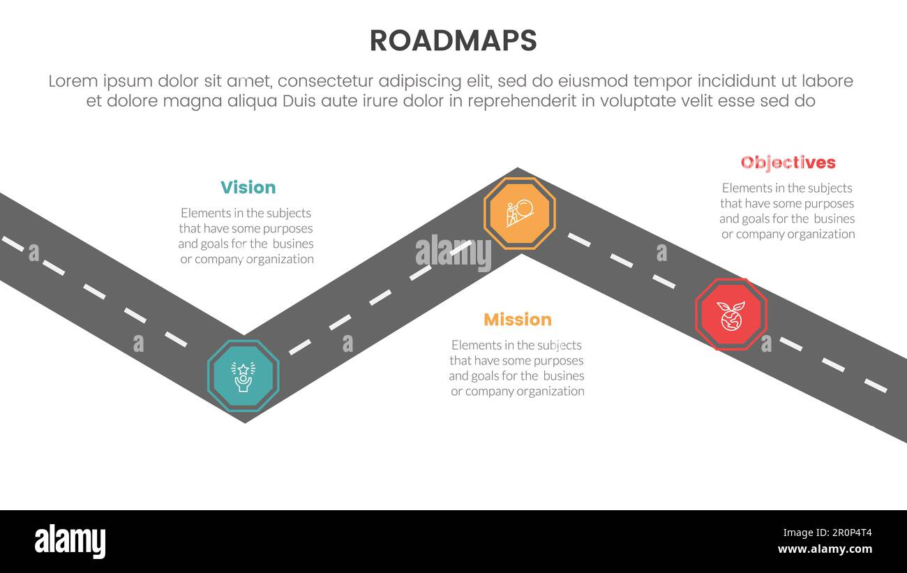 Business-Roadmaps Infografik Prozess-Framework 3 Stufen mit Kurvenfahrt und Lichtkonzept für Präsentationsvektor Stockfoto