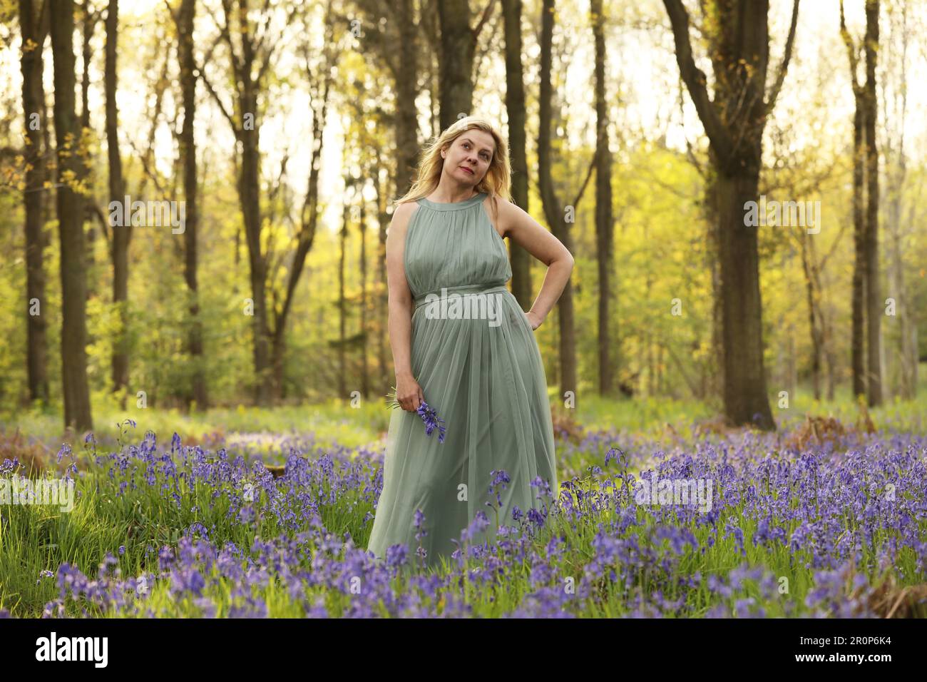 Eine Frau, die in einem blauen Holz steht und ein langes grünes Kleid trägt Stockfoto