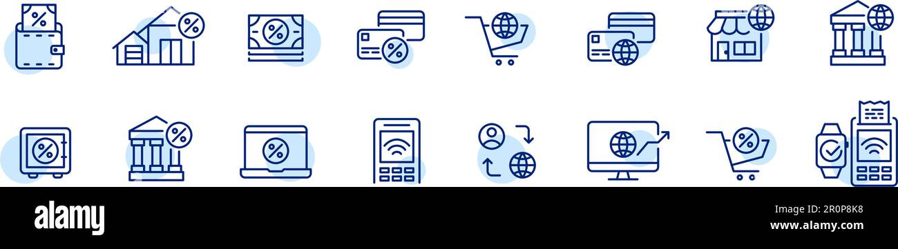 Internationale Geldtransfers, Spareinlagen, Kredit- und Hypothekenzahlungen. Symbolsatz für Bank- und Finanzdaten Stock Vektor