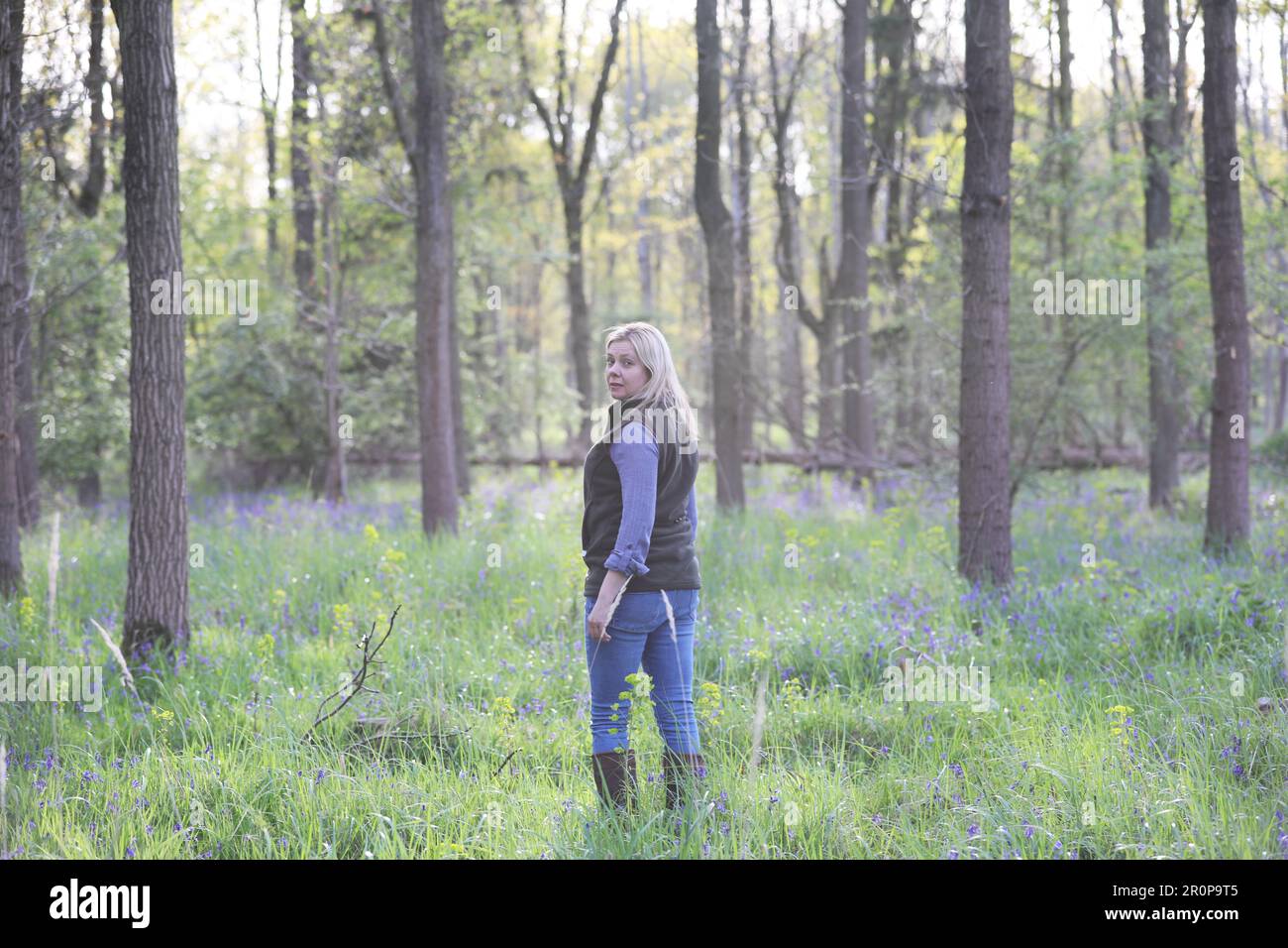 Eine Frau, die in einem Bluebell-Holz läuft Stockfoto