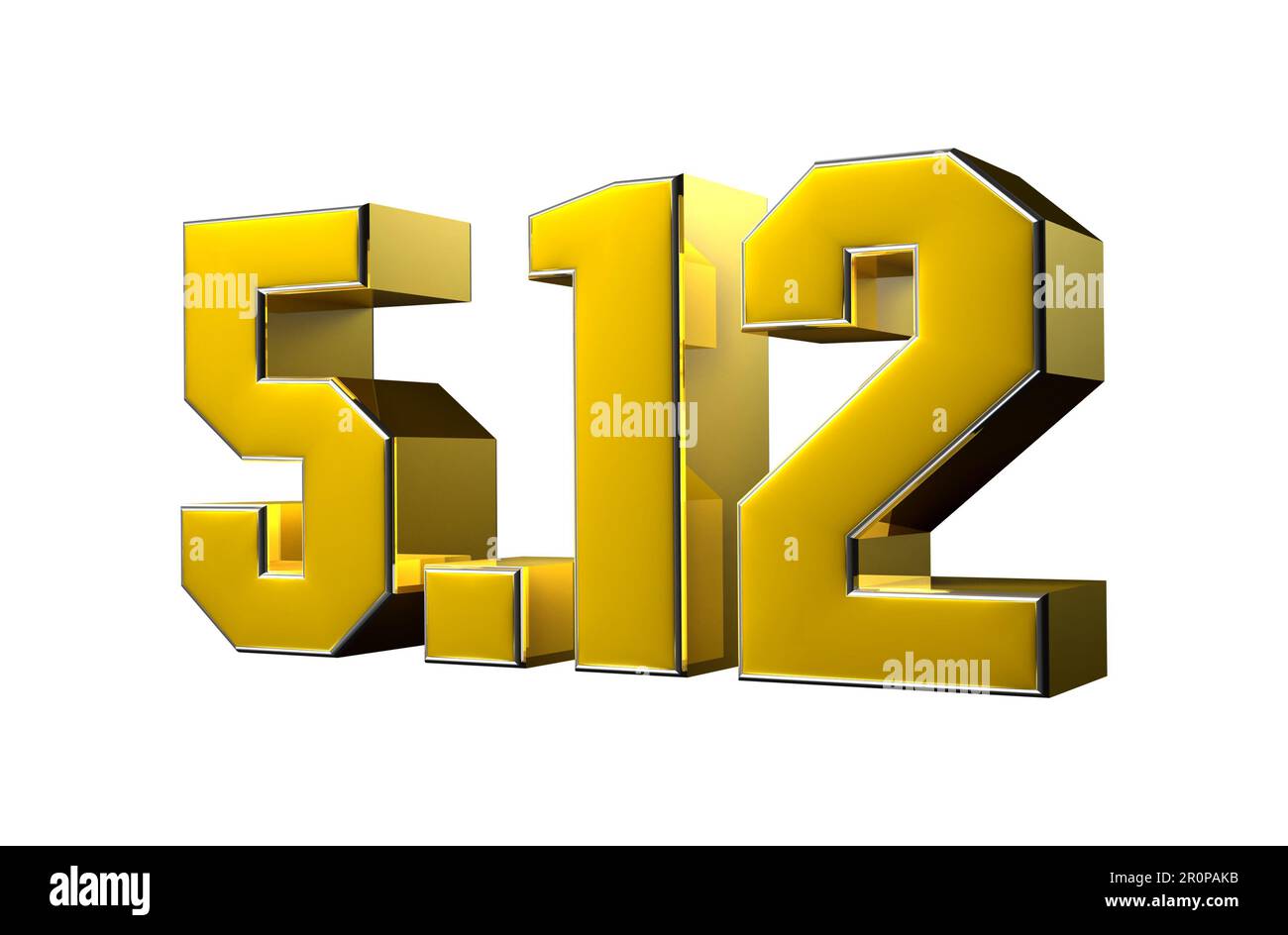 Nummer 5,12 in Gold eingerastet 3D-Abbildung auf weißem Hintergrund haben Arbeitspfad. Werbeschilder. Produktdesign. Produktverkäufe. Stockfoto