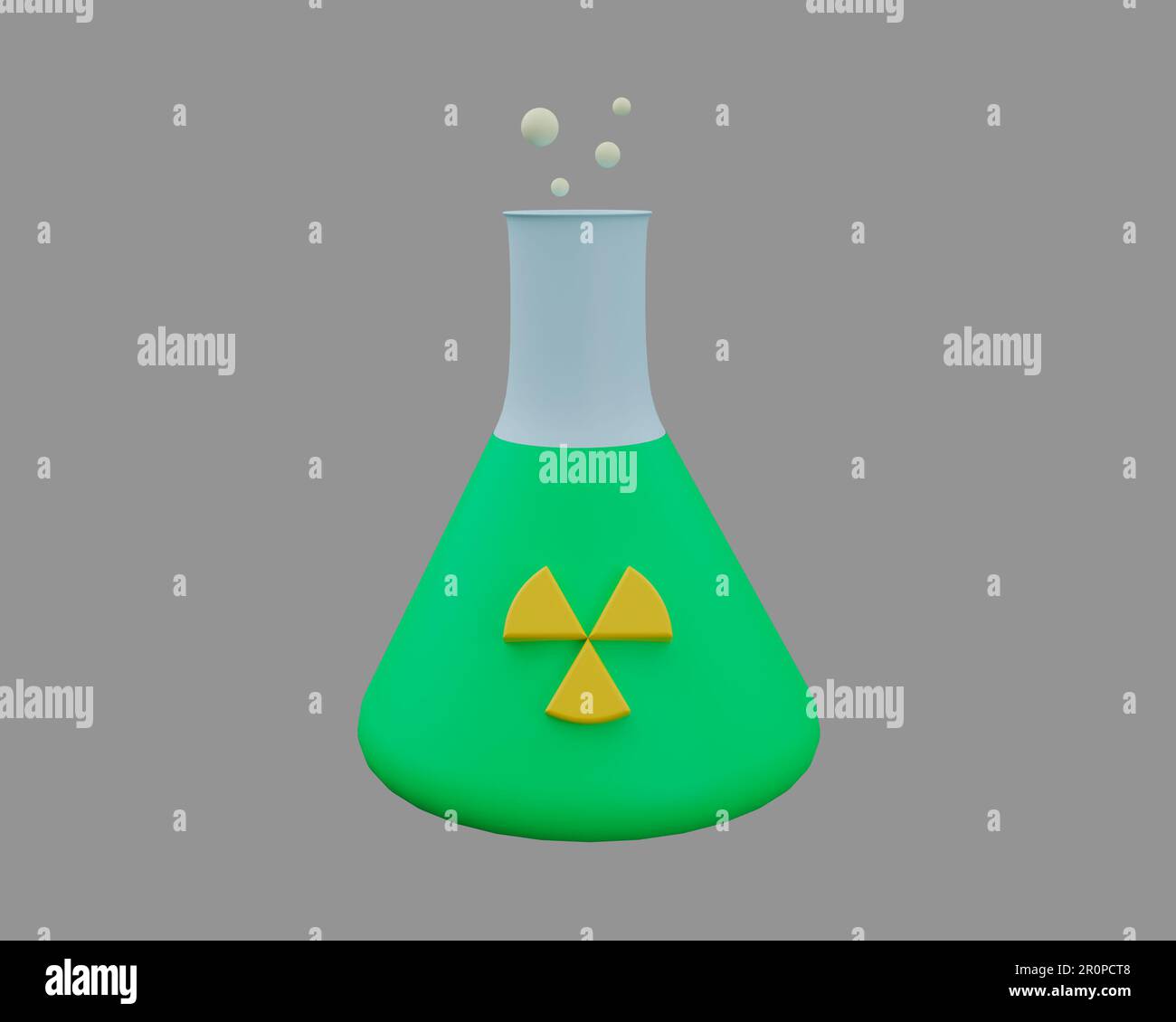 3D-Rendering chemische Kontamination Wissenschaftskolben, Nuklearsymbol. Stockfoto