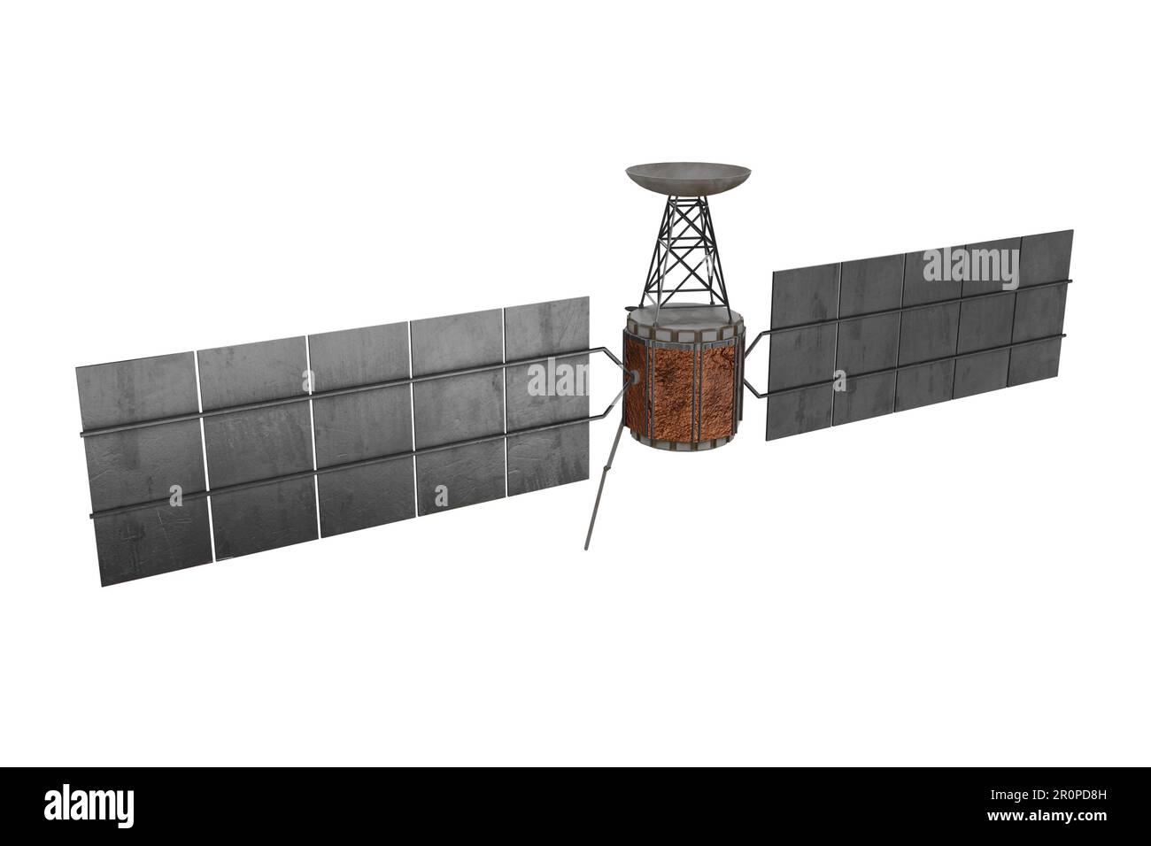 3D-Rendering-Raumsatellit mit realistischem Sonnenkollektor Stockfoto