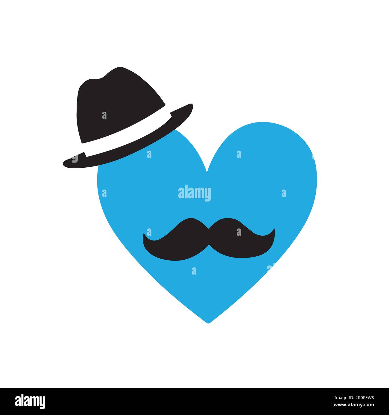 Vatertagskarte mit blauem Herzen, Hut und Schnurrbart auf weißem Hintergrund und Kopierbereich Stock Vektor