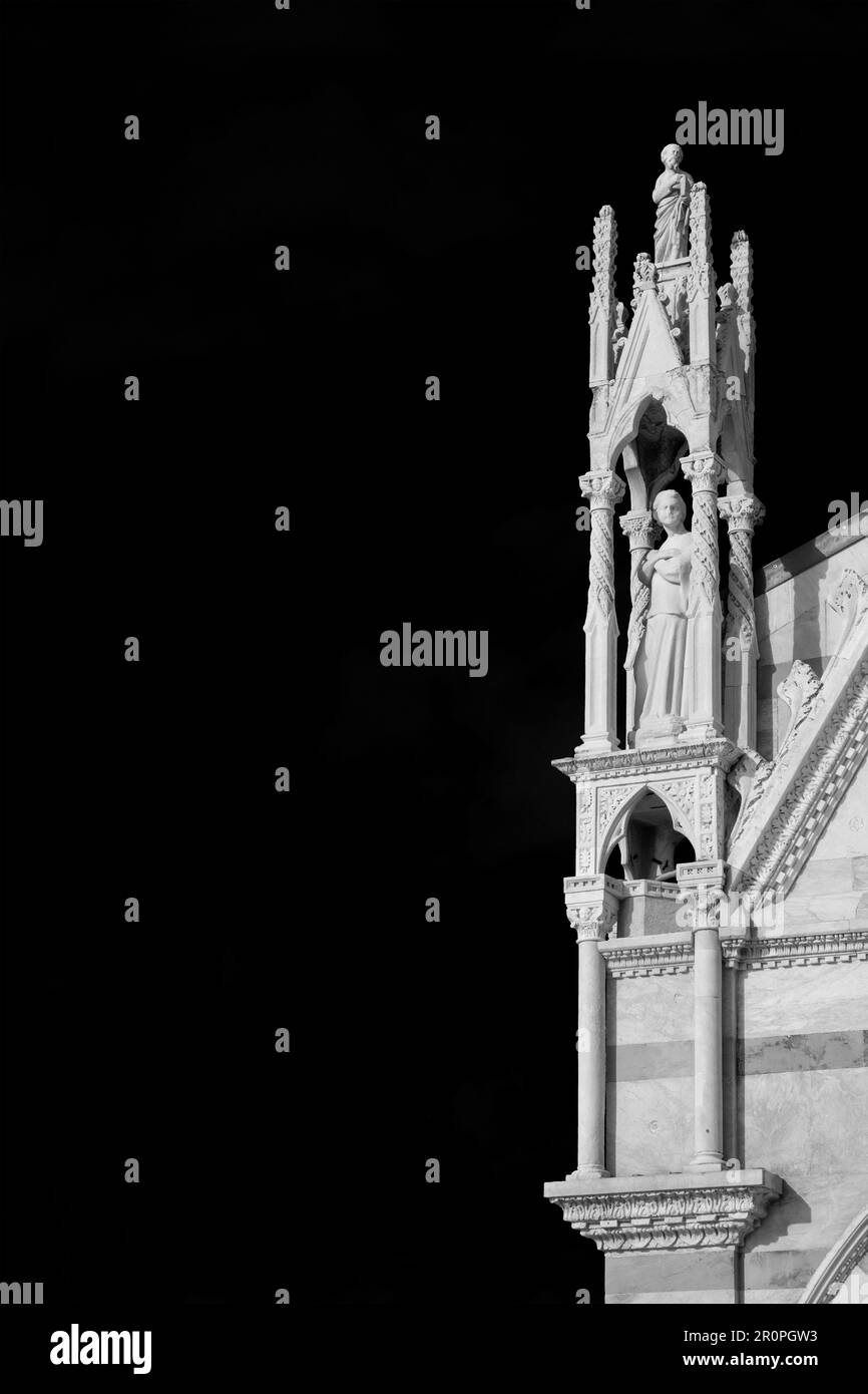 Gotische Architektur aus dem 14. Jahrhundert in Pisa. Turmspitzen und Zinnen von Santa Maria della Spina (St. Maria des Dorns) (Schwarz und Weiß mit Kopierbereich) Stockfoto