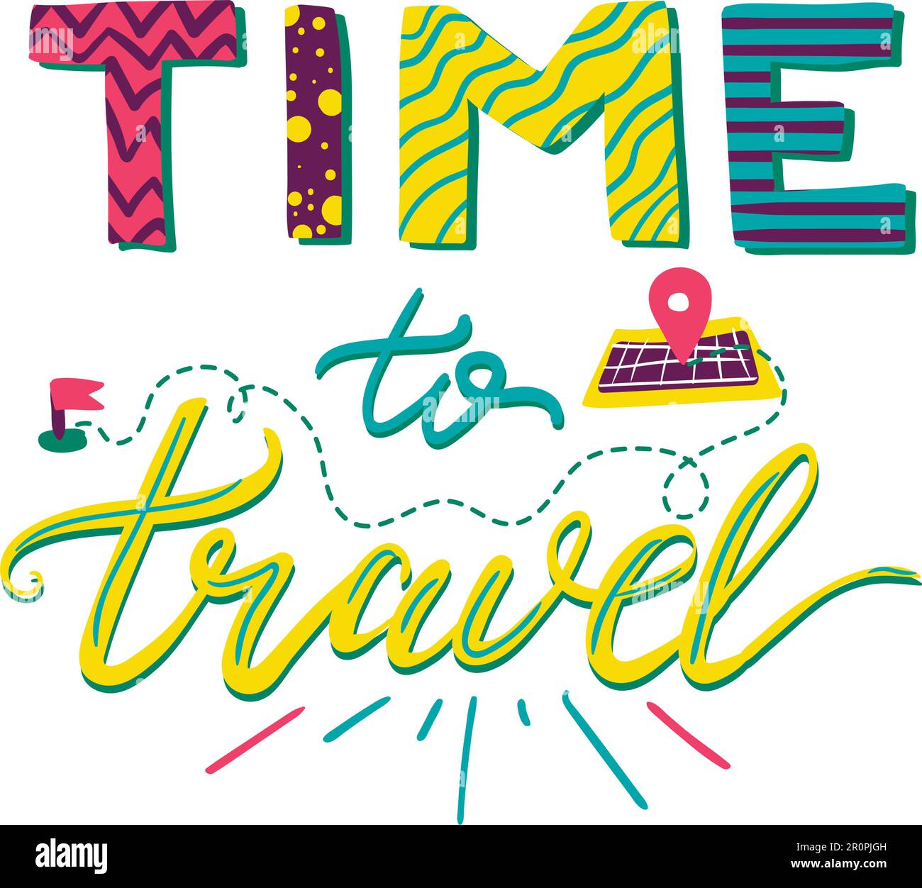 Poster „Time To Travel“ Mit Schriftzeichen. Banner Tourismus, Motivation und Abenteuer. Inspirierendes Retro-Label. Vektor Stock Vektor