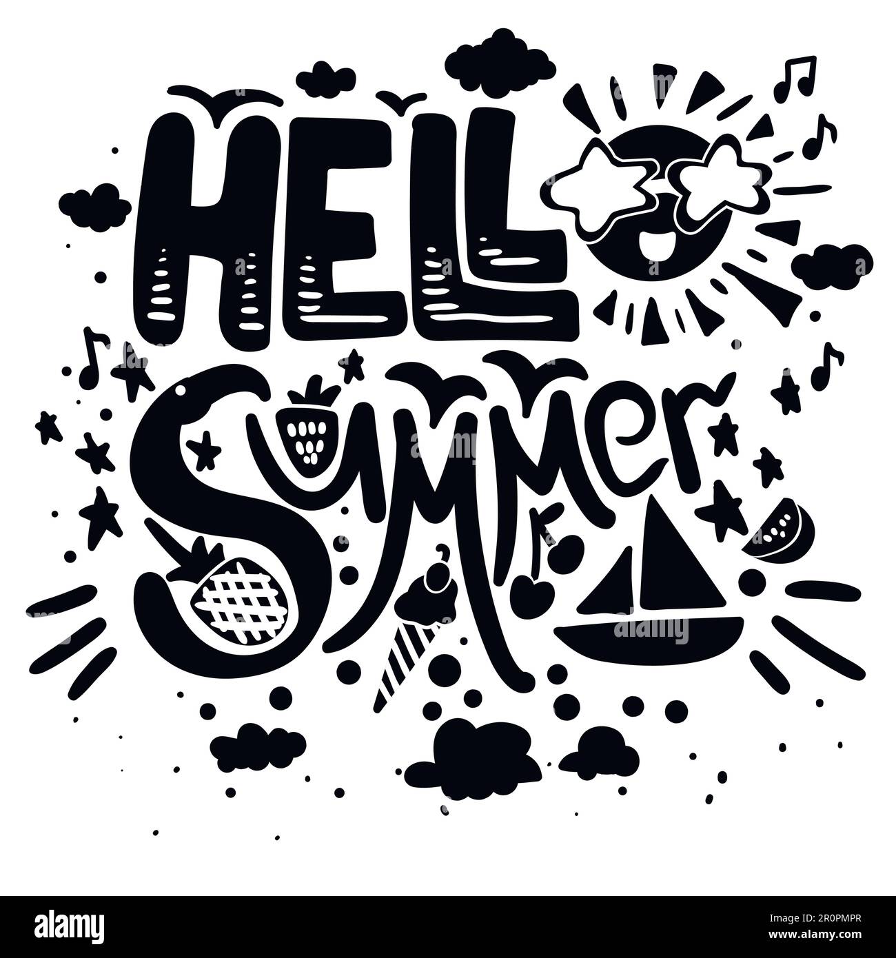 Hallo Sommer-Vektorposter. Pinselbeschriftung mit Symbolen und schwarzem Zitat isoliert auf weißem Hintergrund für den Beginn des Sommers, Urlaubs oder der Reise Stock Vektor