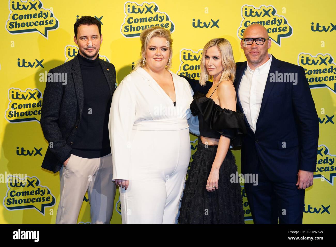 (Von links nach rechts) Sam Swainsbury, Jayde Adams, Katherine Kelly und Joe Sims treffen auf der Bike Shed Moto Co in London ein, um die kommende ITVX-Comedy-Saison zu starten. Foto: Dienstag, 9. Mai 2023. Stockfoto