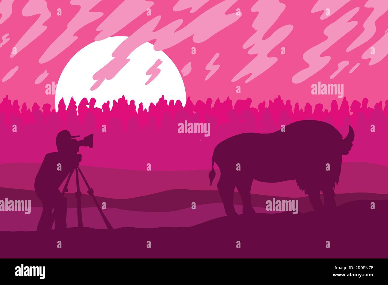 Wildtiere, Naturfotografen Flachvektordarstellung. Minimalistische Landschaft mit Bisons Silhouette Stock Vektor